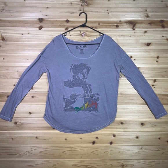 Billabong Bob Marley T-Shirt Womens Medium Gray SIgnature Guitar Long Sleeve - Picture 1 of 7